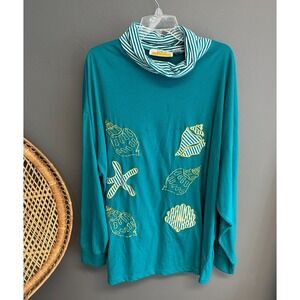 Vtg CST Sport Womens Sz 32W (3x) Teal SeaShell Embroidered Cowlneck Long Slv Top
